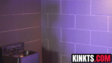 TS Aubrey Kate leashes fuck toy Sage Roux and pounds him in his cell